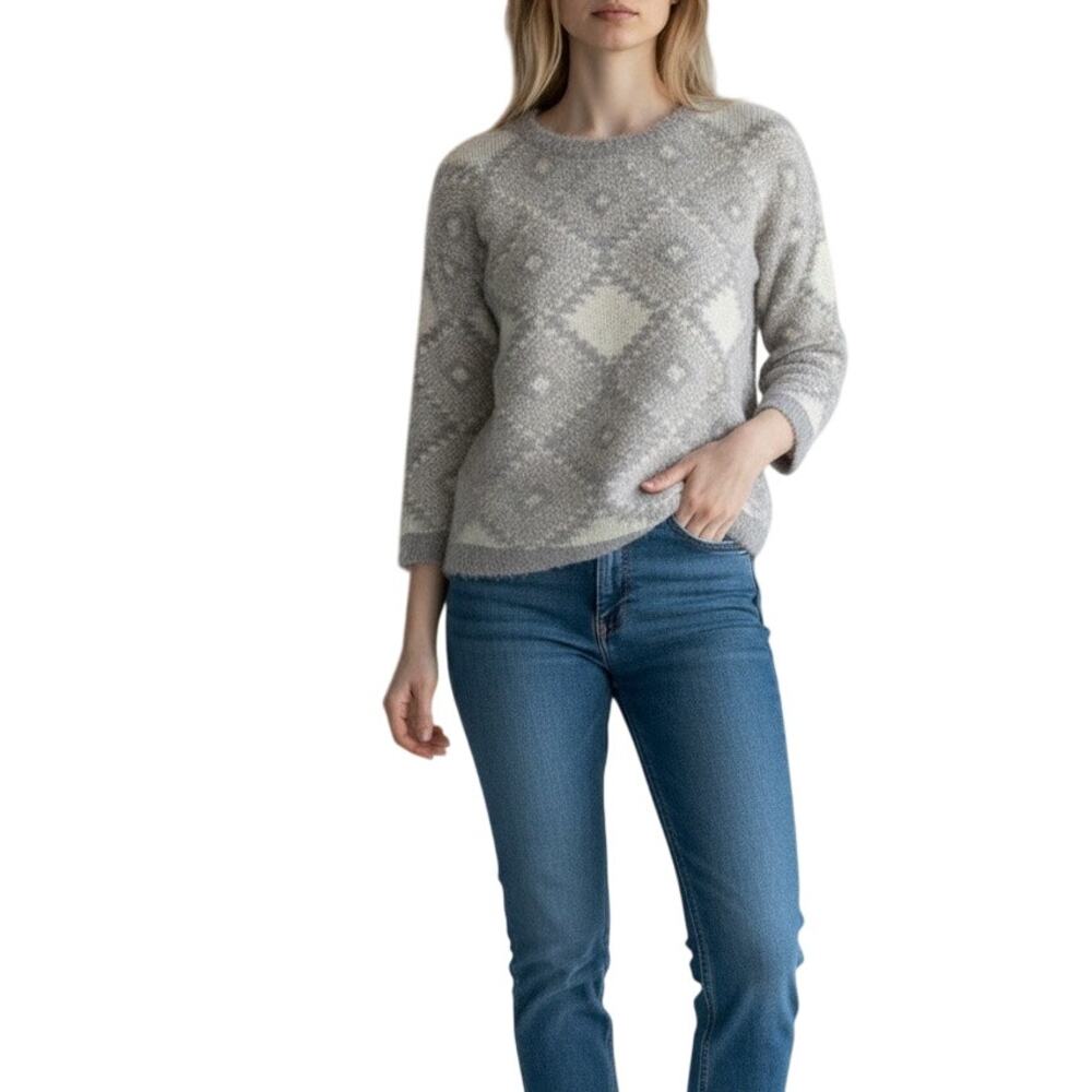 Pink Rose Fuzzy Argyle Sweater M | Soft Girl Cozy Grandpa Knit Gray Pullover